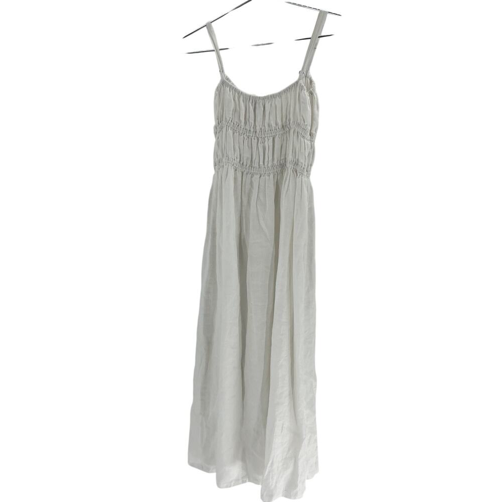 Faithfull The Brand Shirred Linen Midi White Francesca Dress Size M